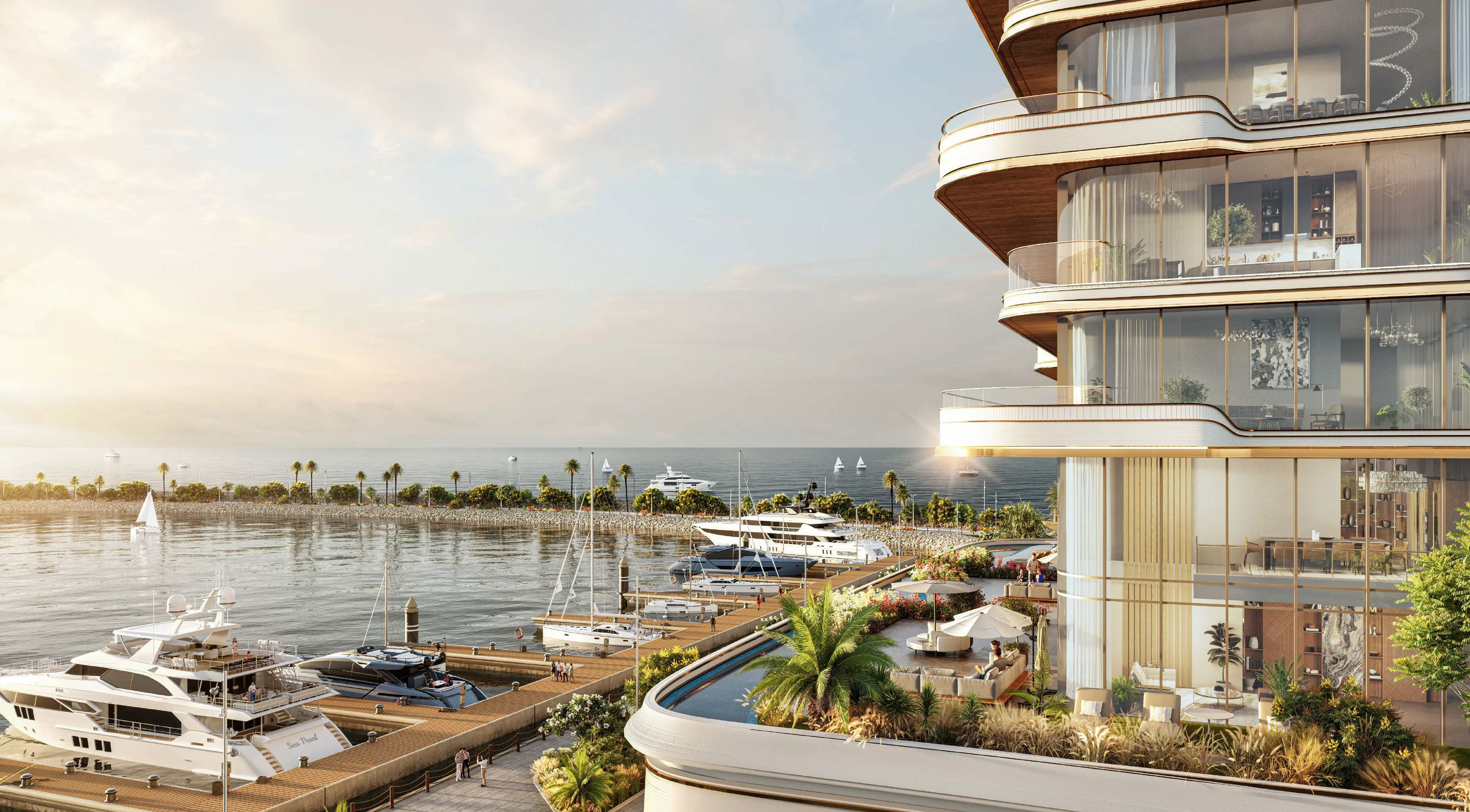 Wave-like façade of LIV Oceanside overlooking the marina and sea